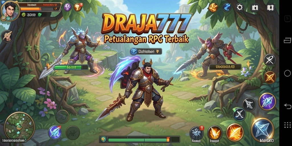 Screenshot dari DRAJA777 menunjukkan pertarungan epik antara pahlawan dan monster.