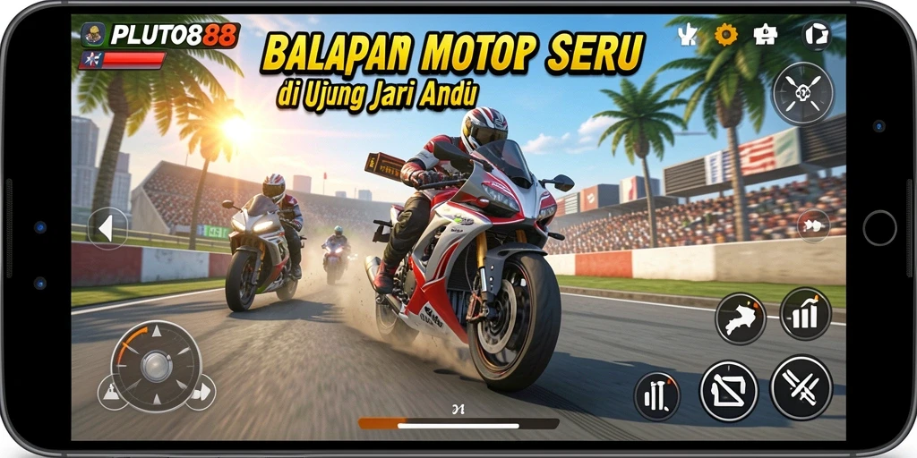 Tampilan seru dari gameplay balapan motor di PLUTO88.