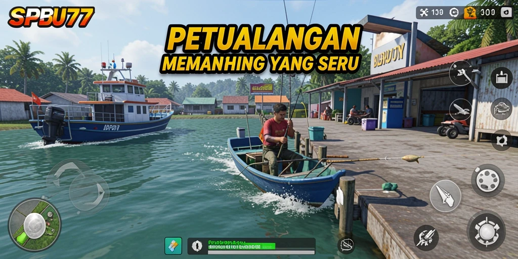 Screenshot gameplay SPBU77 yang menampilkan aksi memancing yang seru.