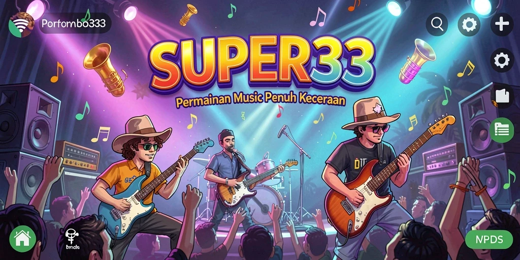 Tampilan gameplay SUPER33 dengan berbagai tantangan musik.