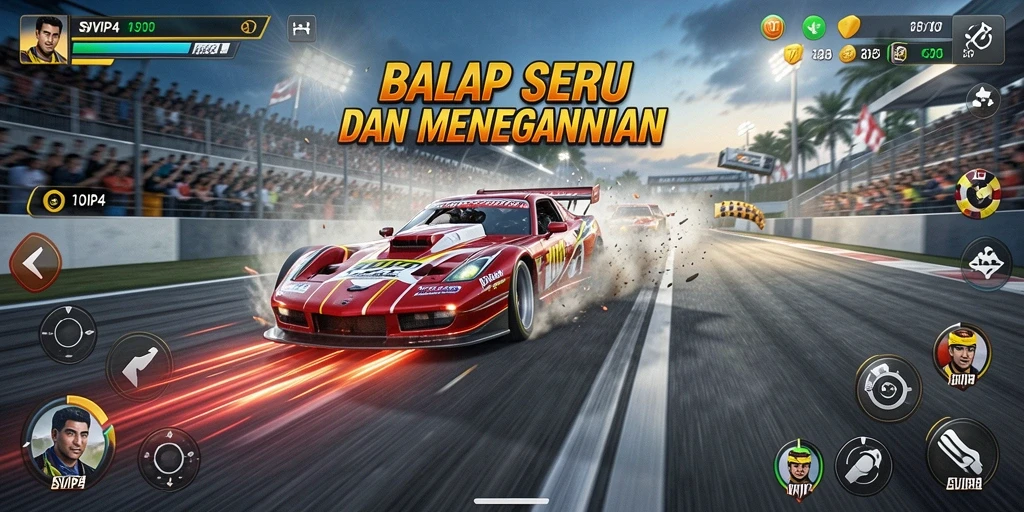 Screenshot gameplay SVIP4 yang menampilkan balapan seru dan mobil yang cepat.